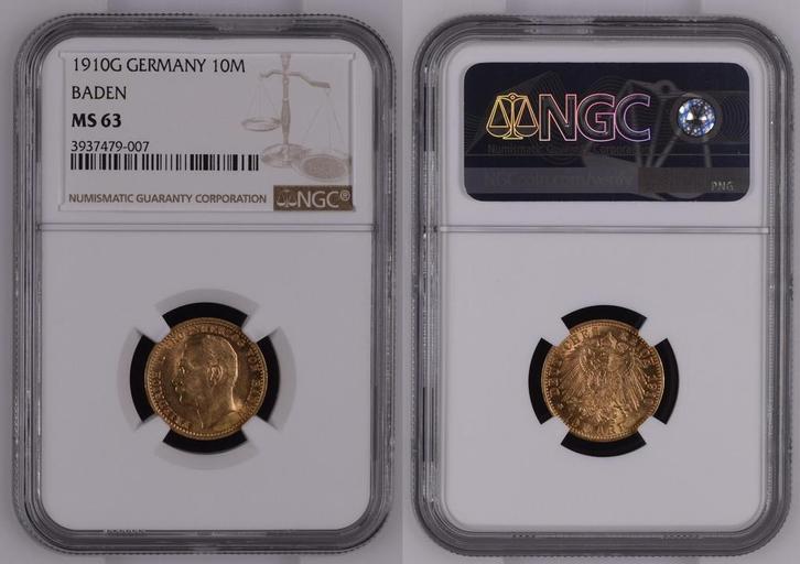 Duitsland 10 Mark Baden 1910 G Ngc Ms 63 3937479-007 J 19..., Postzegels en Munten, Munten | Europa | Niet-Euromunten, België