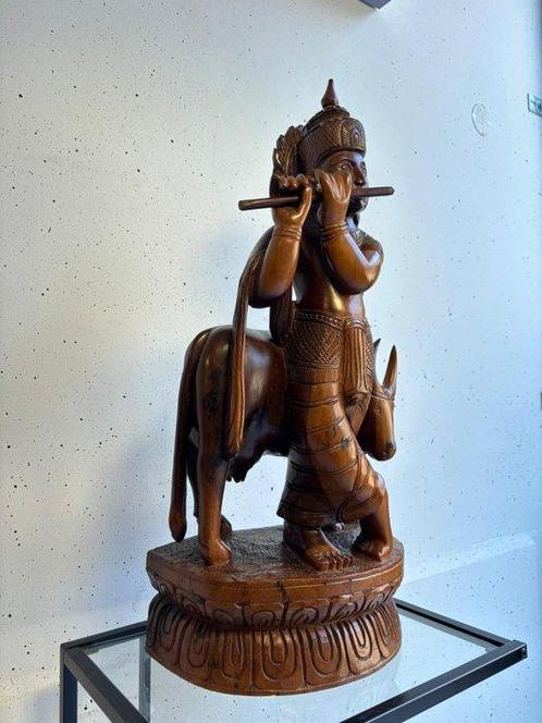 Beeld, Houten Beeld van Fluitspelende Krishna 62 cm - 62 cm, Antiek en Kunst, Kunst | Niet-Westerse kunst