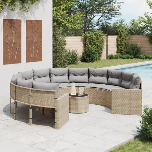 vidaXL Tuinbank met tafel en kussens rond poly rattan beige, Tuin en Terras, Tuinsets en Loungesets, Nieuw, Verzenden