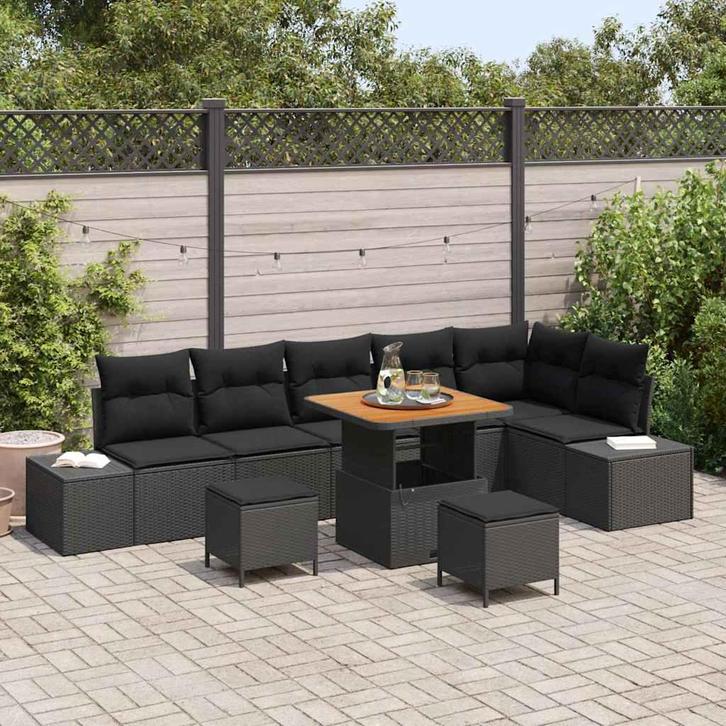 vidaXL Tuinbank Set met kussen 9 pcs Zwart Poly rattan, Tuin en Terras, Tuinsets en Loungesets, Nieuw, Verzenden