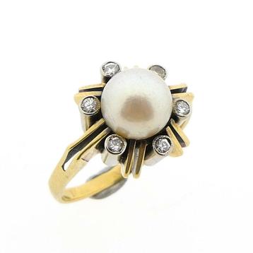 Gouden ring met parel en diamanten | 0,21 ct. (parel ring), Ophalen of Verzenden