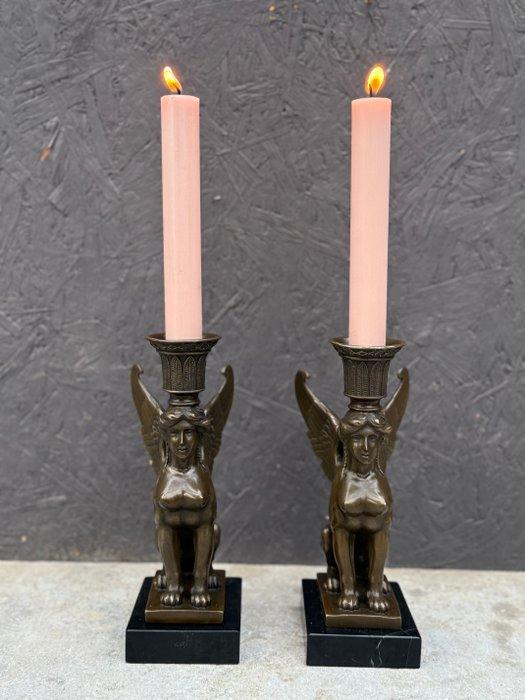 Kandelaar (2) - Gepatineerd brons - Sphinx candleholders, Antiek en Kunst, Curiosa en Brocante