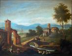 Scuola veneta (XVIII) - Paesaggio con borgo, figure e, Antiek en Kunst, Kunst | Schilderijen | Klassiek