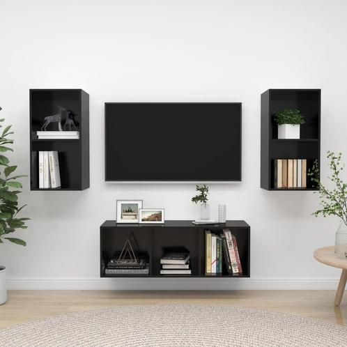 vidaXL 3-delige Tv-meubelset bewerkt hout hoogglans zwart, Maison & Meubles, Armoires | Mobilier de télévision, Envoi