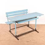 Vintage lessenaar | Brocante oude schoolbank | 2 persoons b
