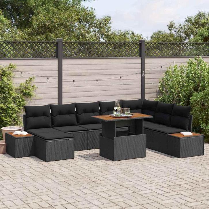 vidaXL Tuin Eettafel Set met kussen 9 pcs Zwart en Bruin, Tuin en Terras, Tuinsets en Loungesets, Nieuw, Verzenden