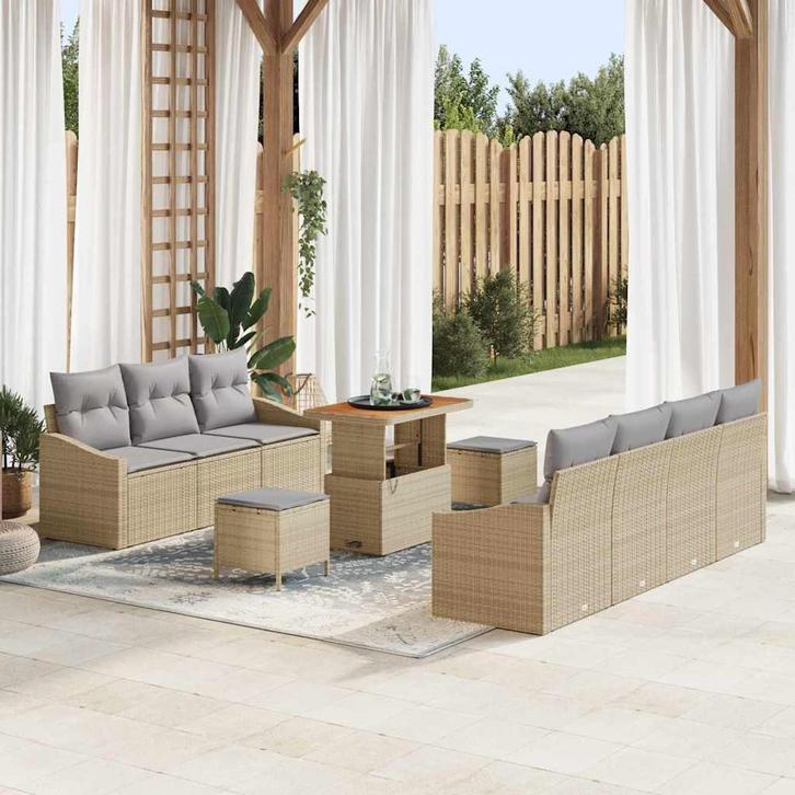 vidaXL Tuinbank Set met kussen 10 pcs Beige poly rattan, Jardin & Terrasse, Ensembles de jardin, Envoi