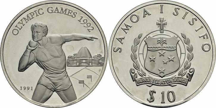 Samoa 10 $ Tala 1991 zilver Oz Unze Olympia 1992 Kugelsto..., Timbres & Monnaies, Monnaies & Billets de banque | Accessoires, Envoi
