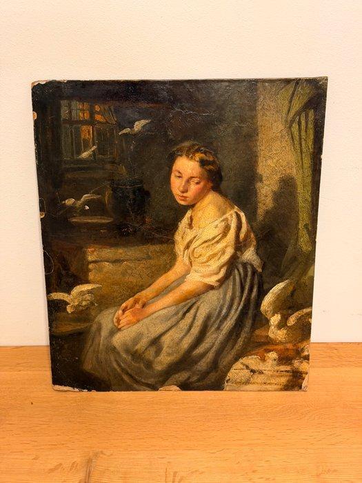 Duitse school (XIX) - Junges Mädchen mit Tauben, Antiek en Kunst, Kunst | Schilderijen | Klassiek