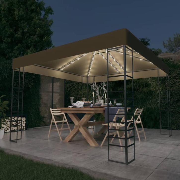 vidaXL Tuinpaviljoen met LED-lichtslinger 3x3 m taupe, Tuin en Terras, Partytenten, Nieuw, Verzenden