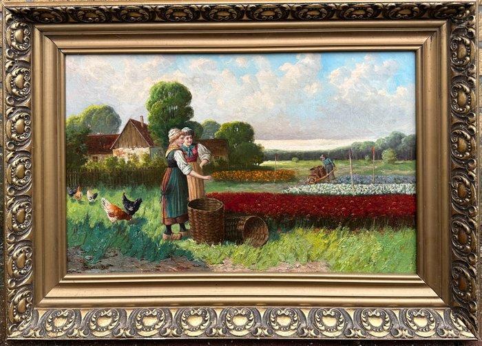 Europese school (XIX) - Werkzaamheden bij bloembollen, Antiek en Kunst, Kunst | Schilderijen | Klassiek