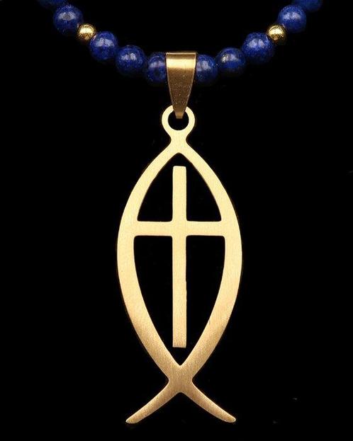 Lapis lazuli - Collier - Ichthus-hanger – Symbool van Geloof, Antiek en Kunst, Antiek | Boeken en Manuscripten