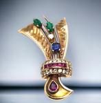 Broche Vintage 18k gouden diamanten robijn saffier broche, Handtassen en Accessoires, Antieke sieraden