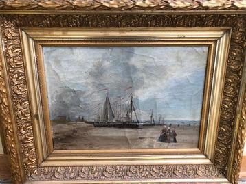 École néerlandaise (XIX) - Boomschuiten op het strand, Antiquités & Art