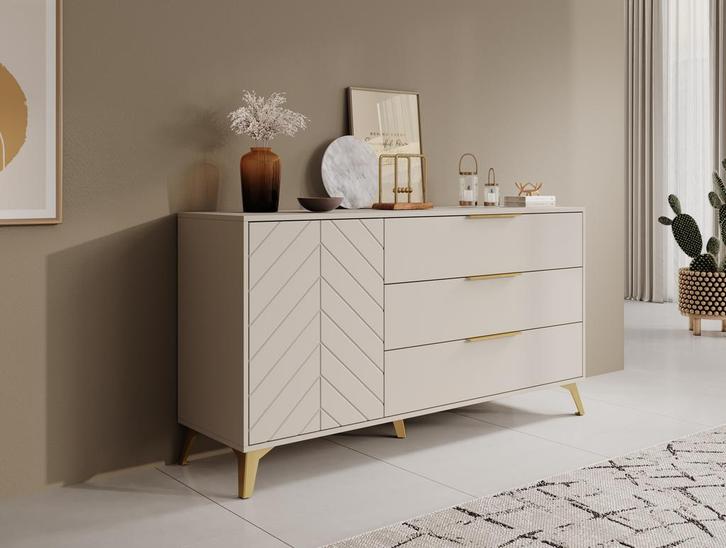Meubella | Dressoir beige goud 153cm | 1 deur 3 lades, Huis en Inrichting, Kasten | Dressoirs, 25 tot 50 cm, Nieuw, 150 tot 200 cm