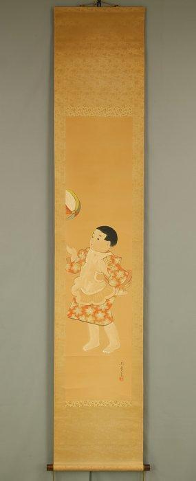 Girl Playing with Paper Balloon - with signature and seal, Antiek en Kunst, Antiek | Overige Antiek