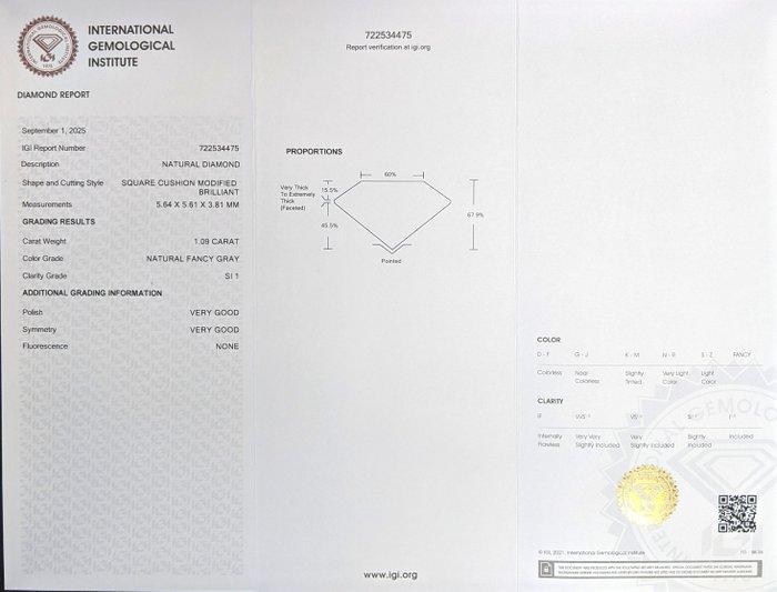 1 pcs Diamant (Natuurlijk gekleurd) - 1.09 ct - Cushion -, Handtassen en Accessoires, Edelstenen