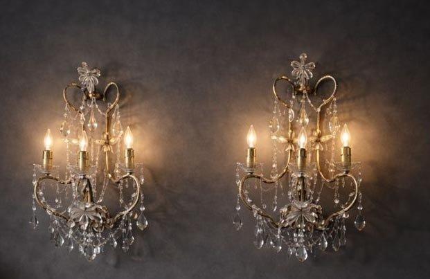 Wandlamp - Glas, Metaal - Paar wandlampen met drie, Antiquités & Art, Curiosités & Brocante