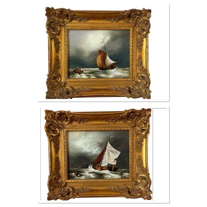 R Douglas (XX) - French boats in rough seas, Antiek en Kunst, Kunst | Schilderijen | Klassiek