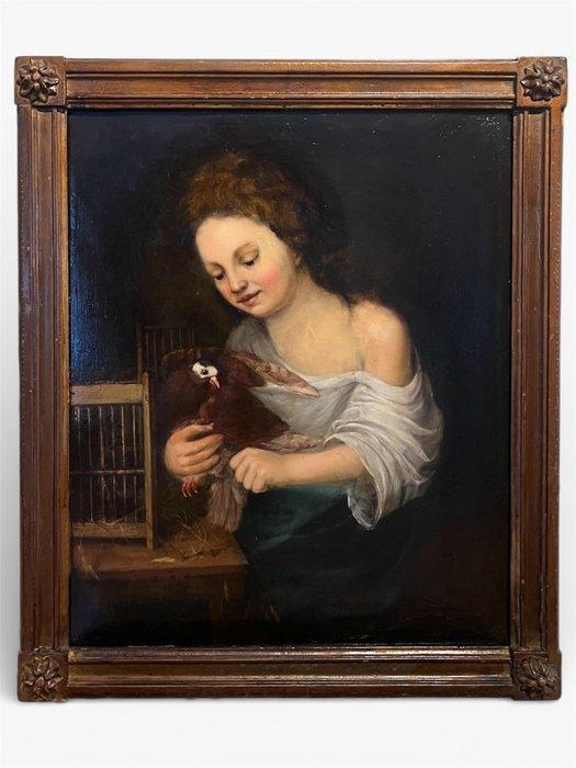 Romantic school (XVIII-XIX) - Young girl with her dove, Antiek en Kunst, Kunst | Schilderijen | Klassiek