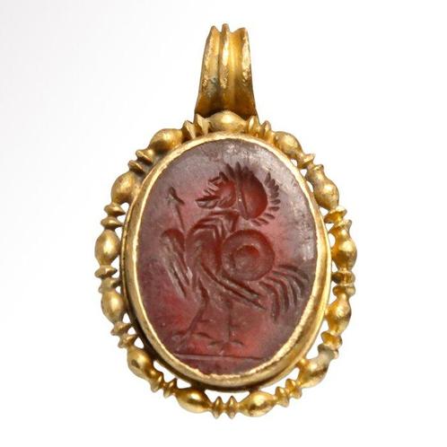 Oud-Romeins Goud, Kornalijn Hanger met intaglio van haan/, Handtassen en Accessoires, Antieke sieraden