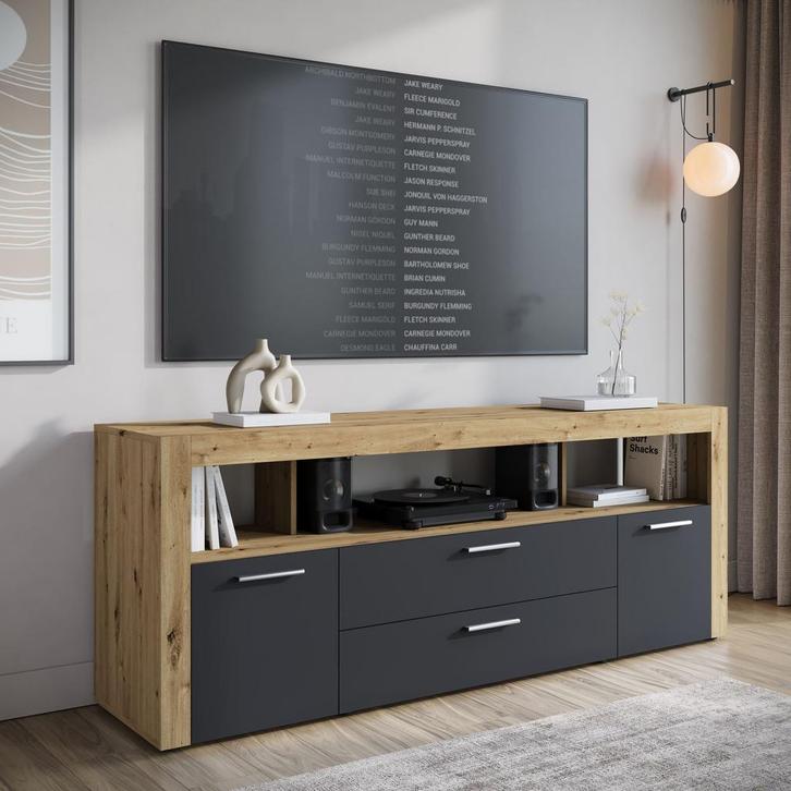 Meubella TV-Meubel antraciet eiken 181 cm | TV kast | Modern, Huis en Inrichting, Kasten |Televisiemeubels, 25 tot 50 cm, Nieuw
