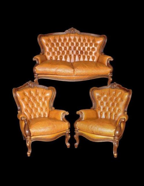 Ensemble de sièges (3) - Bois, Cuir - Chesterfield vintage, Antiek en Kunst, Curiosa en Brocante