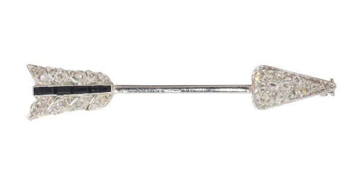 Broche - 18 carats Or blanc Diamant (Naturelle) - Onyx - Art, Handtassen en Accessoires, Antieke sieraden
