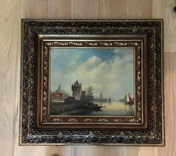 Hollandse School (XX) - Vissersdorp aan het water met molen
