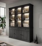Meubella | Buffetkast zwart eiken 182cm - Vitrinekast LED, Huis en Inrichting, Kasten | Buffetkasten, 150 tot 200 cm, Nieuw, 25 tot 50 cm
