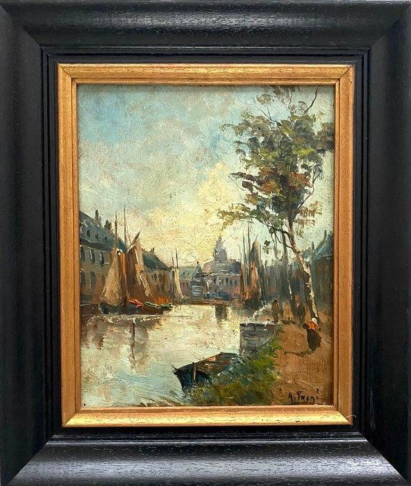 Holland School (XIX) - Zicht op Wolwevershaven in Dordrecht, Antiek en Kunst, Kunst | Schilderijen | Klassiek