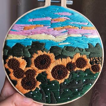 Zonnebloemveld Borduurset met Borduurring Vrij Borduren 3D, Verzenden