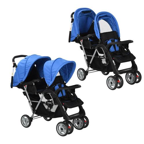 vidaXL Kinderwagen dubbel staal blauw en zwart, Kinderen en Baby's, Kinderwagens en Combinaties, Nieuw, Verzenden