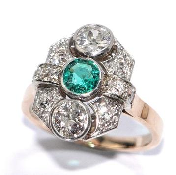 Bague - 14 carats Or jaune, Platine - 1.54ct. tw. Émeraude -