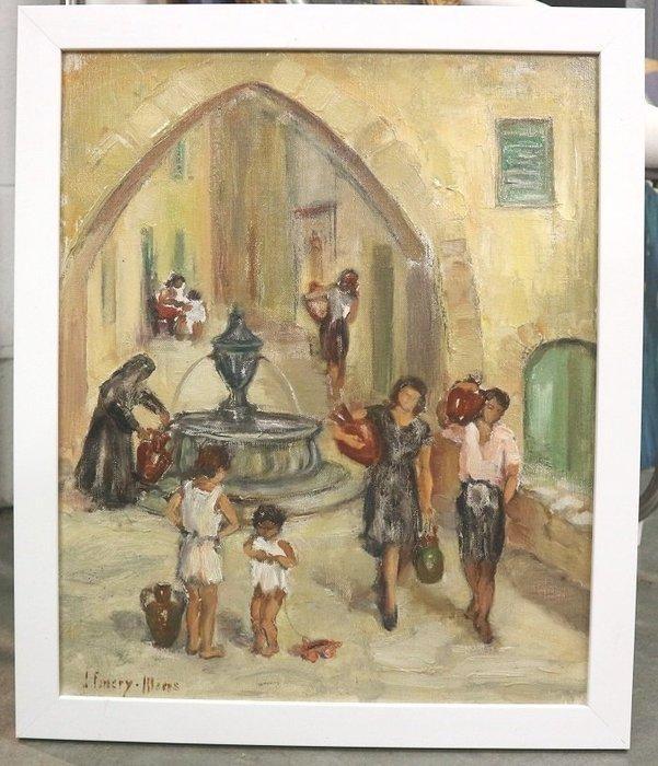 Juliette Emery-Moens (1900-1990) - Drukte bij de fontein, Antiek en Kunst, Kunst | Schilderijen | Klassiek