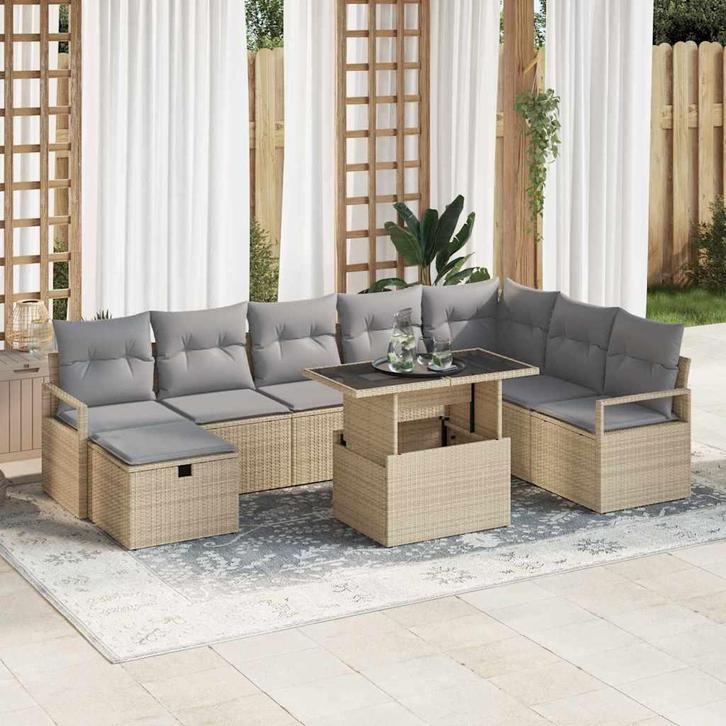 vidaXL Tuinbank Set met kussen met opslag 9 pcs Beige Poly, Tuin en Terras, Tuinsets en Loungesets, Nieuw, Verzenden