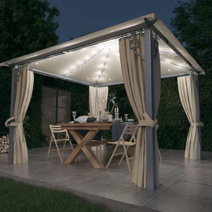 vidaXL Prieel met gordijn en LED-lichtslinger 3x3 m, Tuin en Terras, Partytenten, Nieuw, Verzenden