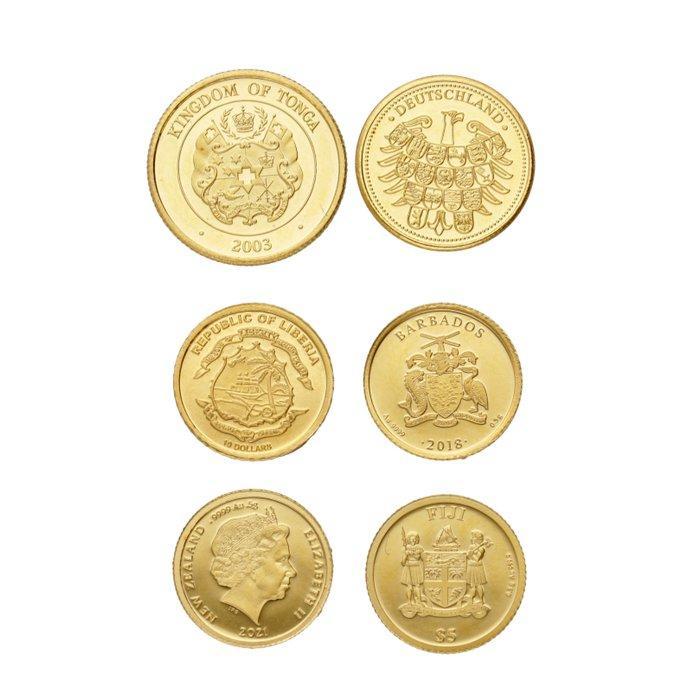 Wereld. 1990/2021 Kleine gouden herdenkingsmuntjes (6, Postzegels en Munten, Munten | Europa | Niet-Euromunten