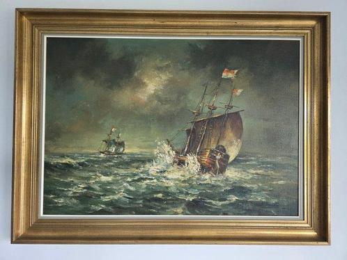 H. Smitts (XX) - 2 Zeilschepen op onstuimige zee, Antiek en Kunst, Kunst | Schilderijen | Klassiek