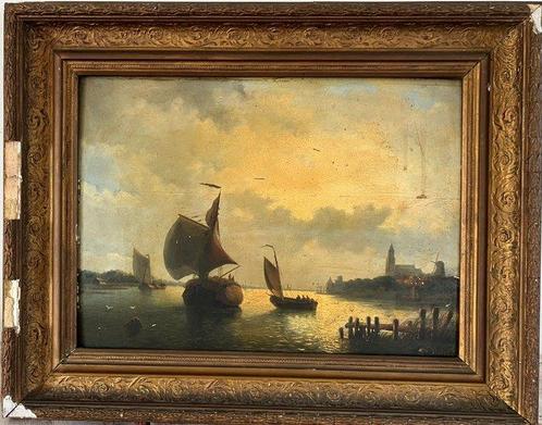 Willem Gruyter. (1817-1880) - Figures on boats outside a, Antiek en Kunst, Kunst | Schilderijen | Klassiek