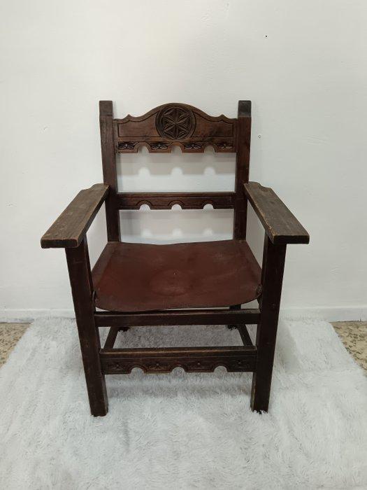 Fauteuil - seigneurieel - Hout, Leder - Stoel frailera leer, Antiquités & Art, Antiquités | Autres Antiquités