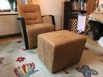 Leren fauteuil met stalen frame - met hocker - bruin leer -, Maison & Meubles, Ophalen of Verzenden