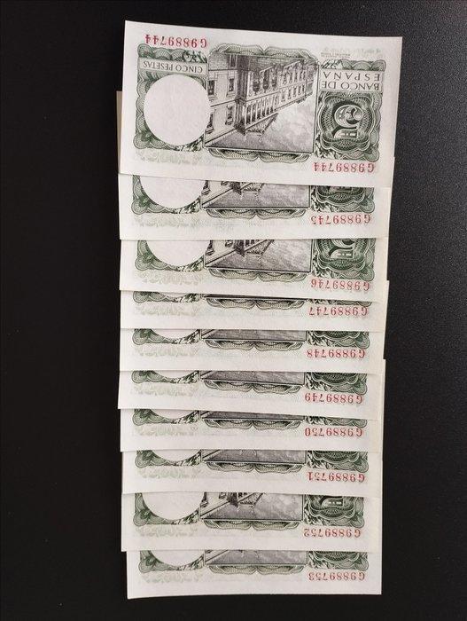 Spanje. - 10 x 5 pesetas 1954 - Pick 146 - consecutive, Timbres & Monnaies, Billets de banque | Europe | Billets non-euro