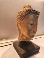 Goudkleurig houten Boeddha-hoofd met glasapplicaties – h. 30, Antiek en Kunst