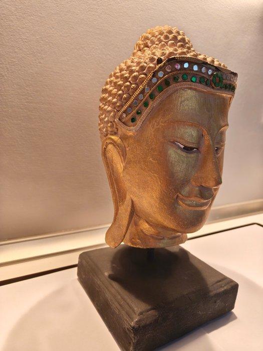 Goudkleurig houten Boeddha-hoofd met glasapplicaties – h. 30, Antiek en Kunst, Kunst | Niet-Westerse kunst