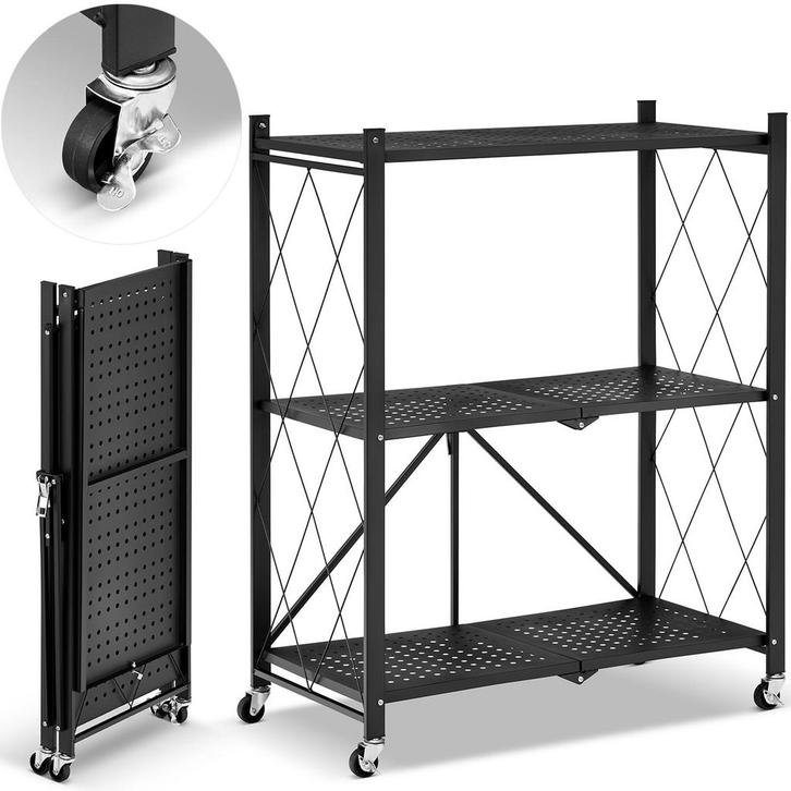 Metalen opbergrek op wielen - opvouwbaar - 3 planken - zwart, Huis en Inrichting, Kasten | Stellingkasten, Nieuw, Ophalen of Verzenden