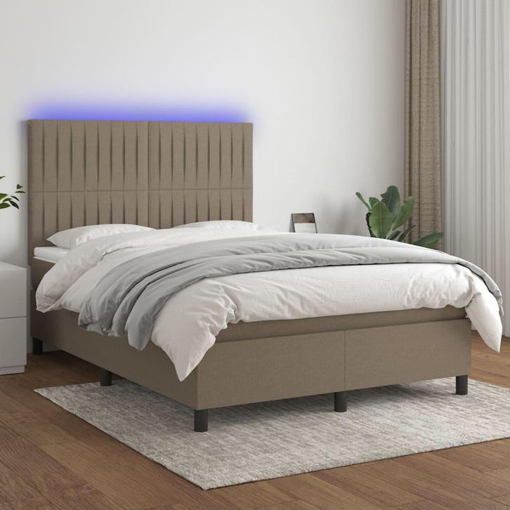 vidaXL Boxspring met matras en LED stof taupe 140x200 cm, Huis en Inrichting, Slaapkamer | Bedden, Nieuw, Verzenden