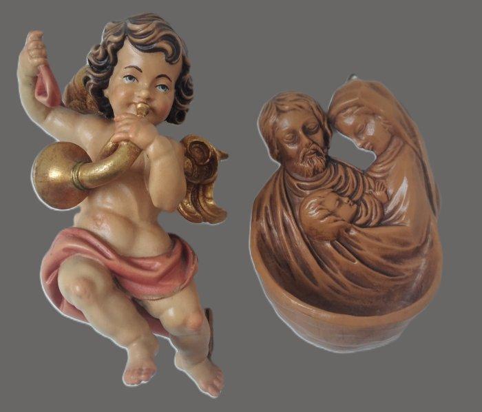 Snijwerk, Holzfigur - farbiger Engel mit Horn + Heilige, Antiek en Kunst, Antiek | Boeken en Manuscripten