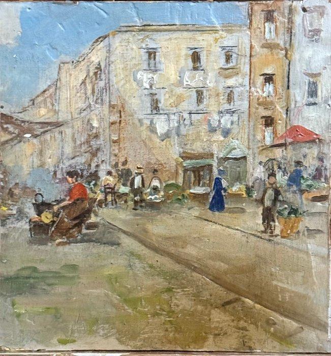 Scuola napoletana (XIX-XX) - Mercato a Napoli, Antiek en Kunst, Kunst | Schilderijen | Klassiek