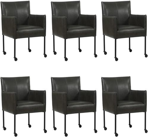 Set van 6 Donkergrijze leren moderne kuipstoel - poot rond, Huis en Inrichting, Stoelen, Overige kleuren, Vijf, Zes of meer stoelen